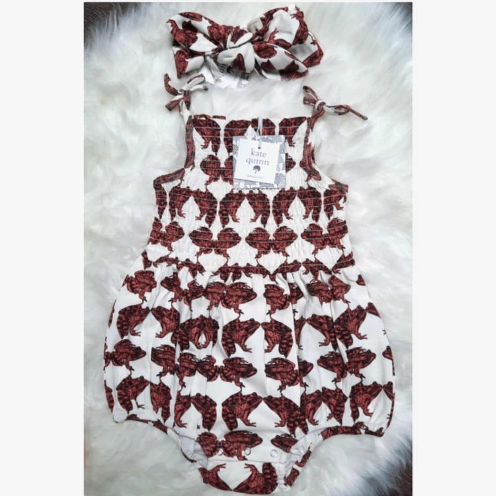 Kate Quinn-California State Frog Smocked Spaghetti Tie Bubble- 2T & Headband-L